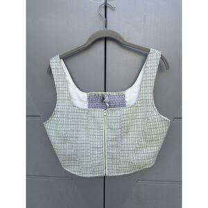 WAYF Tweed Green Gold Metallic Zipper Cropped Bustier Corset Top Smocked Back M